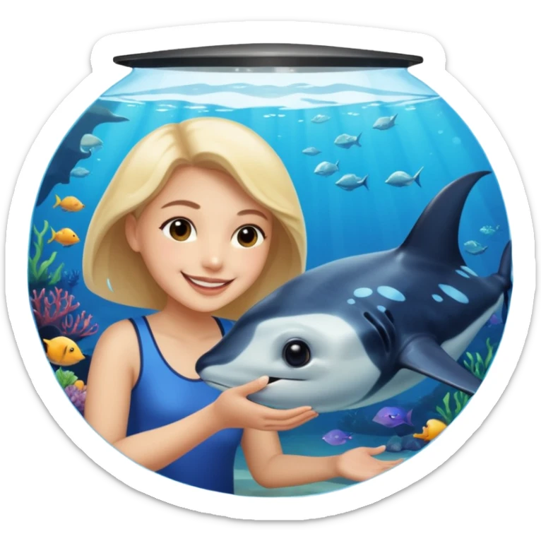 une personne qui est devant un aquarium où on peut carreser des raies menta sticker