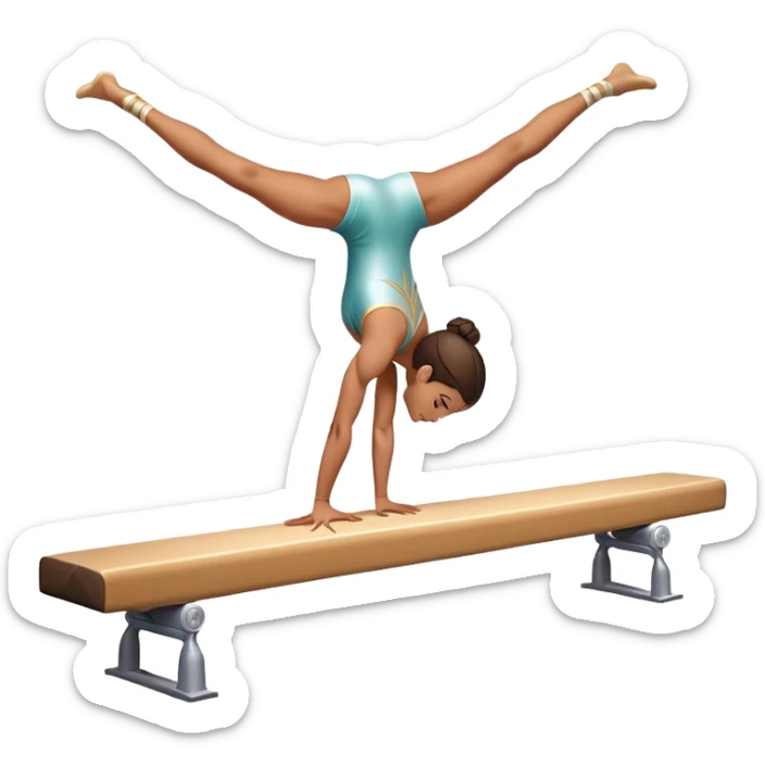 An artistic emoji of a professional sports acrobat performing a stunning balance pose on a narrow beam. The acrobat showcases perfect control, flexibility, and strength, executing an elegant handstand. The background features a bright gymnastics arena with spotlights. sticker