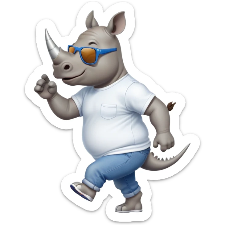 friendly anthropomorphised rhino in jeans and t-shirt, wearing dark sunglasses, jogging upright, standard pose sticker