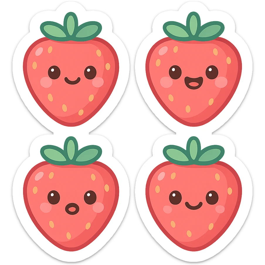 A series of illustrations stawberry in a kawaii emoji style, with detailed shading and highlights, thin clean outlines, soft and rounded features. Pastel color palette using  #FF5B5B, #CE4C4C,#CE4C4CThe style is inspired by modern Japanese pop art and sticker aesthetics. Highly detailed, vector clarity, soft lighting and subtle shadows. Transparent background without background. sticker