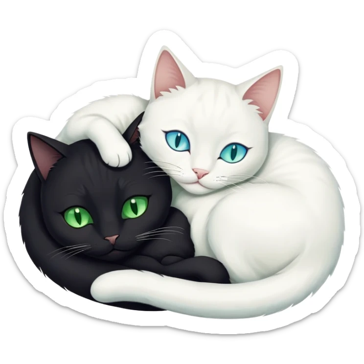 Gatito negro con ojos verdes y gatito blanco con ojos azules durmiendo juntos abrazados sticker