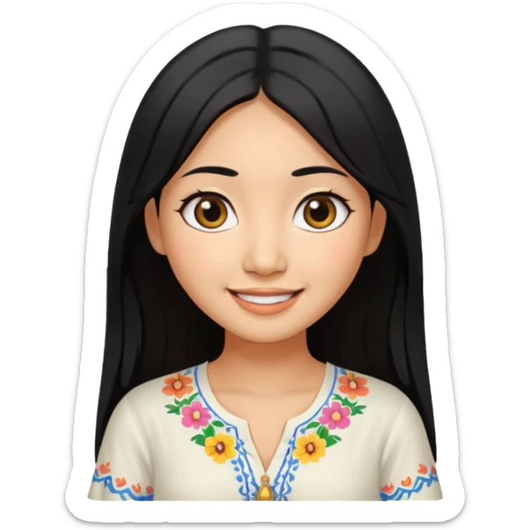 30 yr old asian woman center parted hair big eyes big smile tanned skin straight black hair hippie part hair white blouse sticker