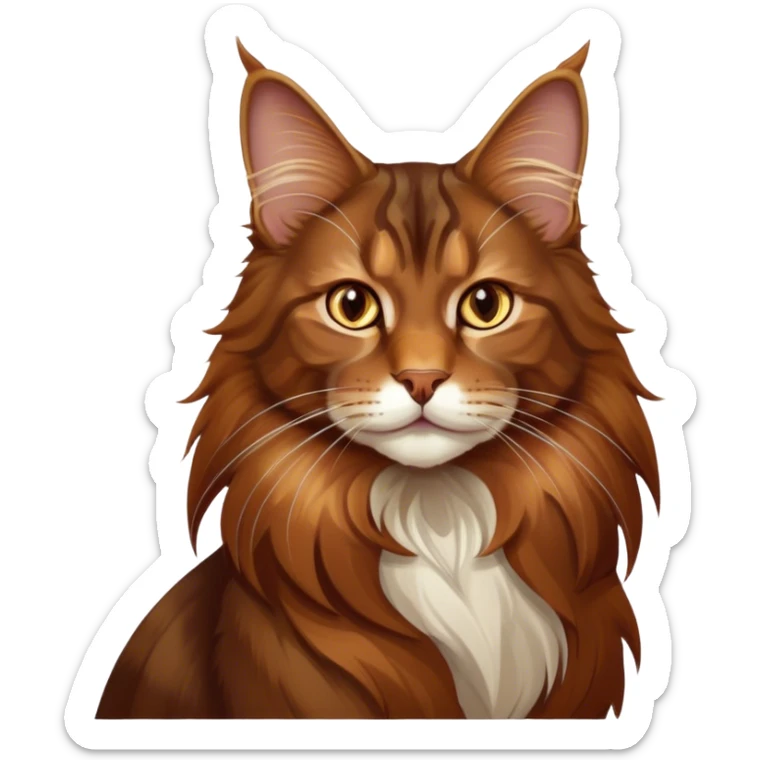 Cinematic Brown Maine Coon Cat Portrait Emoji, Elegant and alert, sleek brown and gold tones with hints of deep auburn, Simplified yet sharp features, highly detailed, glowing with a warm, confident glow, high shine, intelligent and poised with an air of wisdom, stylized with an air of grace, focused and attentive with a calm, old soul expression, soft glowing outline, capturing the essence of experience and majesty, so lifelike it feels as though it could spring into motion at any moment, radiating wisdom and grace. sticker