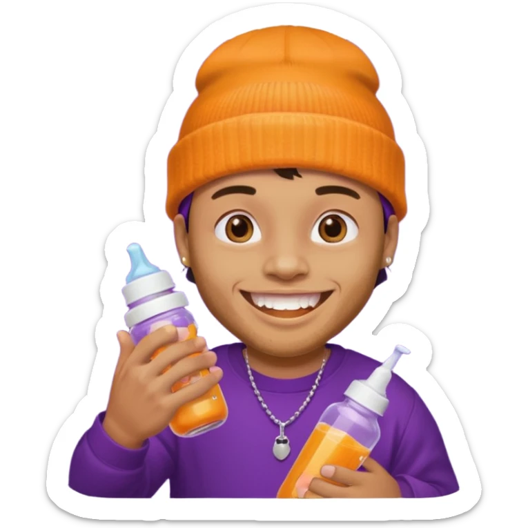 guy with orange beanie with gold teeth grillz holging a baby bottle with purple liquid sticker