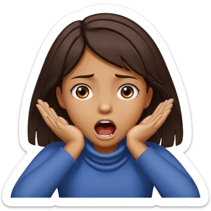 girl with tan skin and dark brown hair with two hands on her neck (overlapping) choking with mouth open and eyes crazy sticker