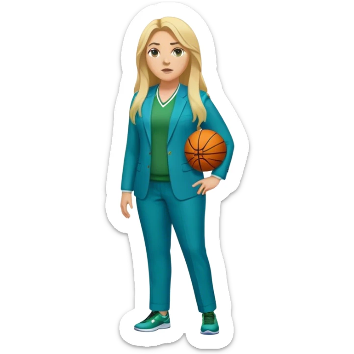 Full Body white plus size female basketball head coach with long blonde hair in a blue and green suit sticker