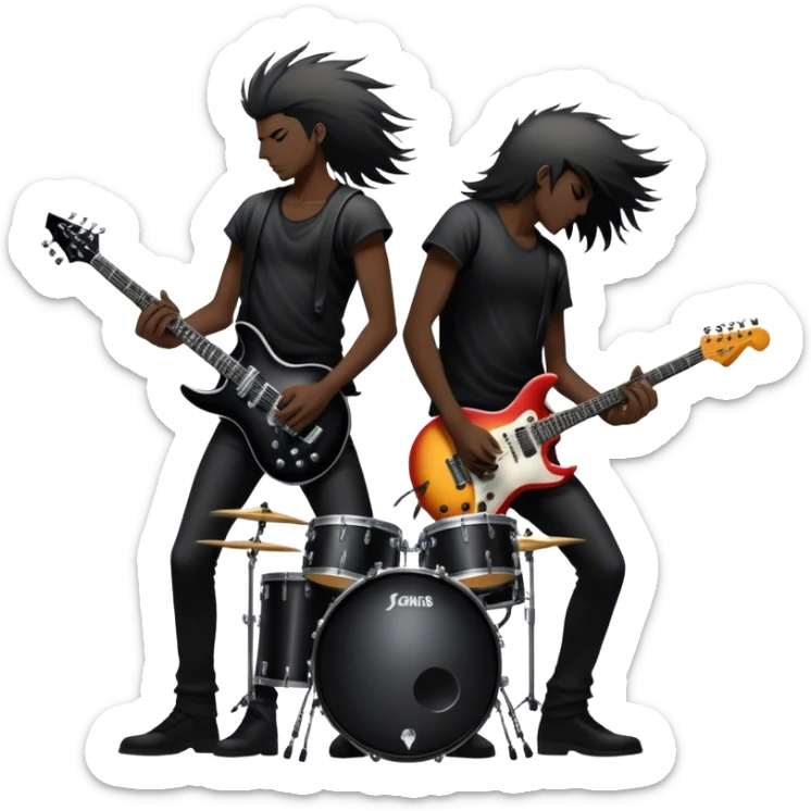 Icon for Heavy Metal Music: band on stage with electric guitars, drums, and intense lighting. Silhouettes of musicians headbanging, surrounded by energy and stage effects, capturing the power and intensity of a metal concert. Transparent background. sticker
