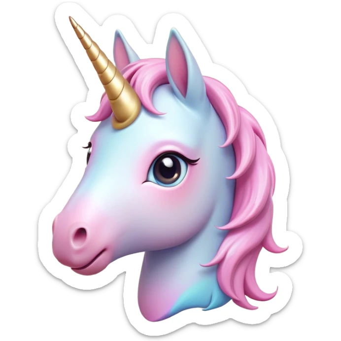 Cinematic Cute Unicorn Pony Portrait Emoji, Head tilted playfully and inquisitively, featuring a charming, diminutive form with a gentle pastel color, a delicate, sparkling horn and large, dreamy eyes full of wonder, Simplified yet irresistibly adorable features, highly detailed, glowing with a warm, magical glow, high shine, affectionate and lively, stylized with a touch of whimsical charm, soft glowing outline, capturing the essence of a mischievous yet endearing unicorn pony that seems as if it could prance out of the screen into your arms! sticker