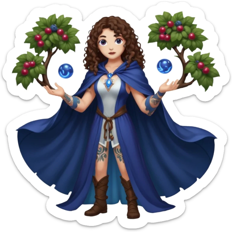 full body woman long curly brown hair brown eyes white skin tattoos muscular build blueberry forest mage cloak, glowing berry orbs floating sticker