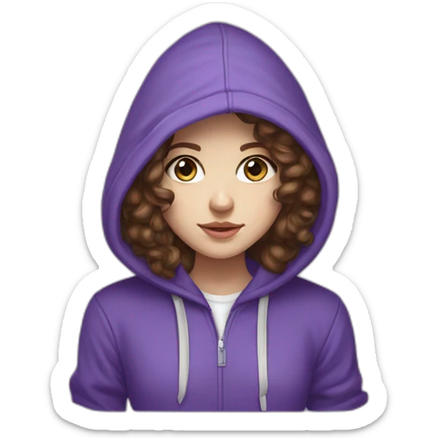 Full length girl with blue eyes and white skin and long curly browny hair with high aristocratic cheekbones in a purple hoodie sticker