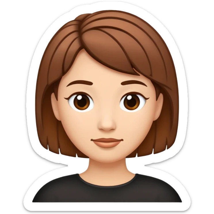 flat emoji-style illustration of a rounded, short hairstyle with upward flicks at the sides, inspired by Thalia from Disney's Hercules, rich brown, outlined in black, no texture, white background sticker