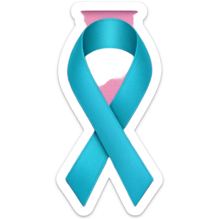 Thyroid cancer ribbon which has a blue strand, a pink strand and teal at the top where the ribbon crossed over sticker
