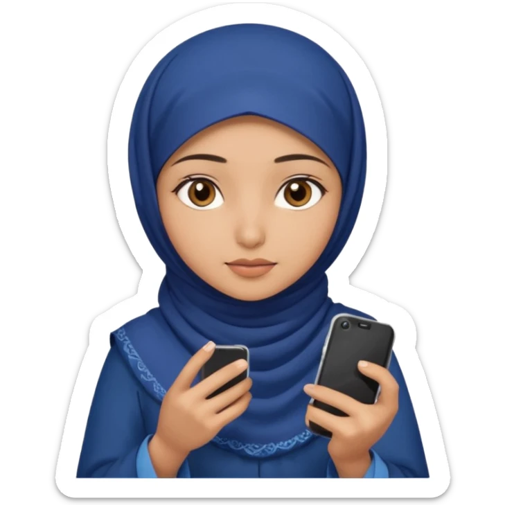 Turkish beautiful finish Konya girl brown eyes with indigo hijab islamic dress and had on her hand phone does photo sticker
