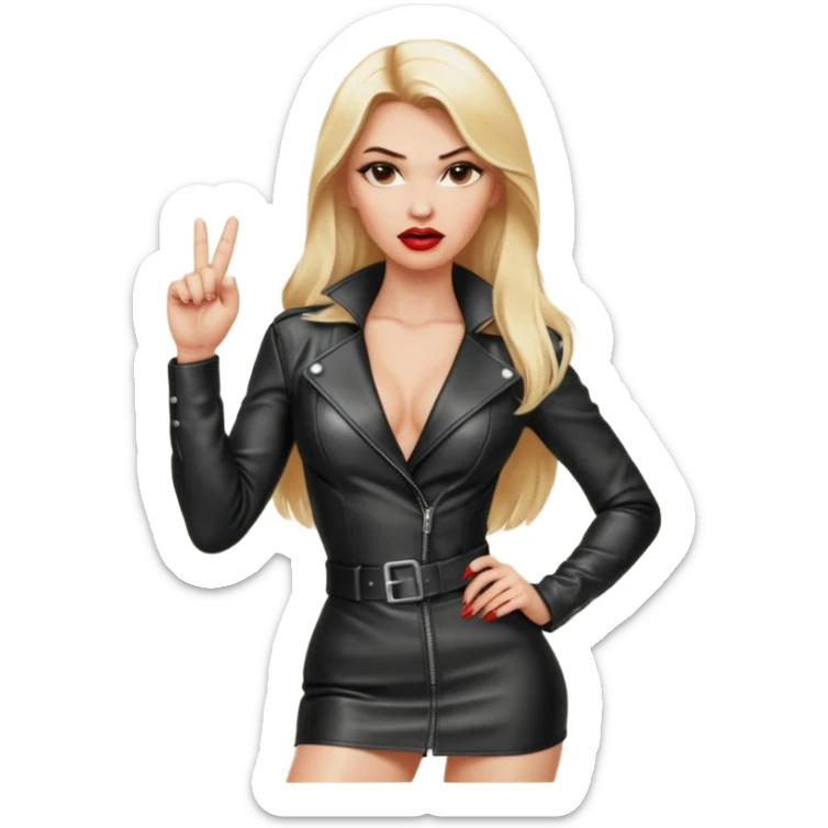 a hott good looking blonde with large breasts, red lips, and long blonde hair with leather sexy outfit and leather high heel boots and she is saying fuck you by giving the universal sign with her middle finger sticker