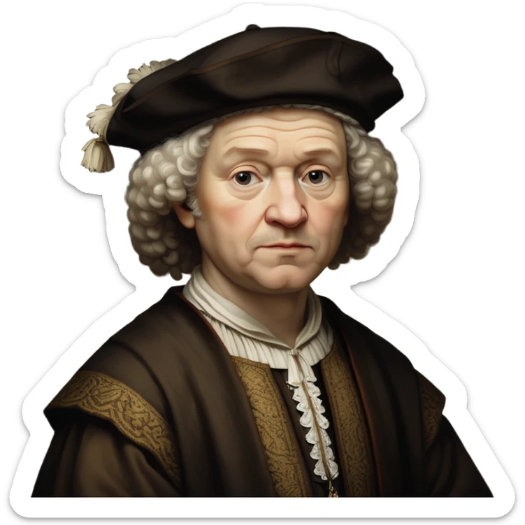cinematic-portrait-of-rembrandt,-shown-as-a-master-artist-with-deep,-introspective-eyes-and-richly-detailed-period-clothing,-rendered-with-dramatic-chiaroscuro-lighting-that-emphasizes-his-legacy sticker