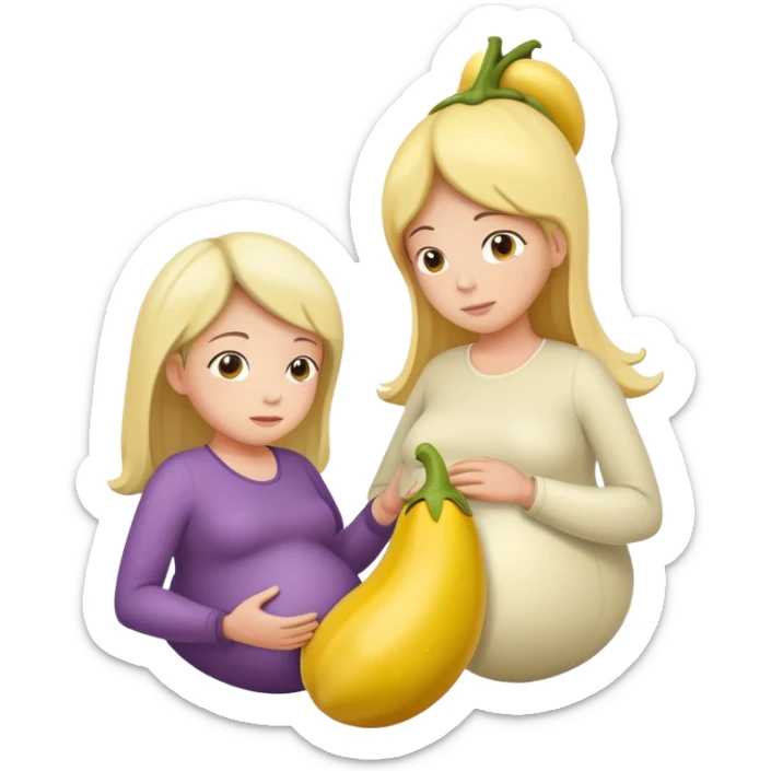 yellow eggplant attached to a pregnant person, with a bowing person turned to the side sticker