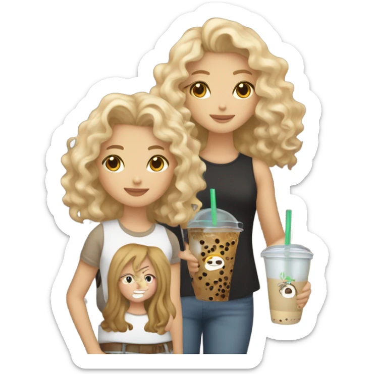 Dirty blonde girl holding a brown boba tea with a wavy curly haired girl standing next to her the girl is brown  sticker