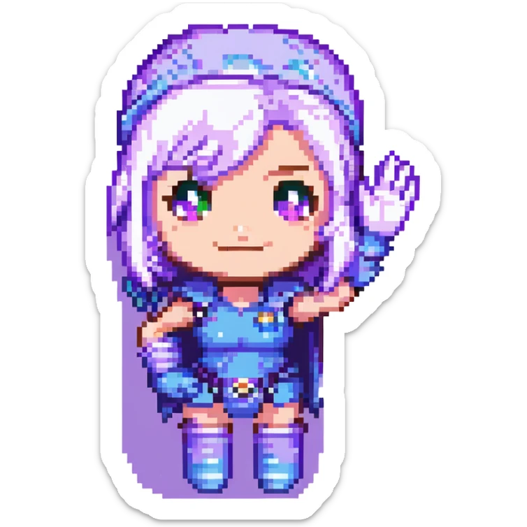 chibi style Gwen from League of Legends, only head, right eye purple, one hand waving with glove, smiling and energetic, pixel art style sticker