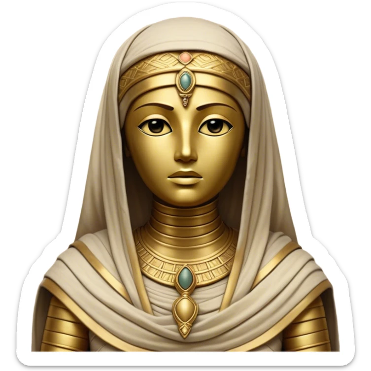 Cinematic Noble Mummy Portrait Emoji, Regal and timeless, with a meticulously wrapped, ancient form in muted earth tones accented by faded gold, exuding an air of forgotten majesty and solemn duty, simplified yet elegant with intricate bandage details, highly detailed and softly glowing, evoking the dignified mystery of an eternal sentinel guarding long-lost secrets! sticker