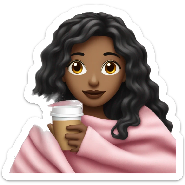 white black hair pretty girl in a pink blanket sipping coffee sticker