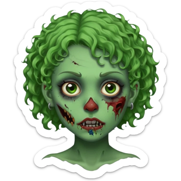 faça uma cabeça verde de zumbi femenina, com im cabelo curtinho cacheado, piercing no nariz, e brincos na orelha e várias cicatrizes, deixe ela macabra sticker