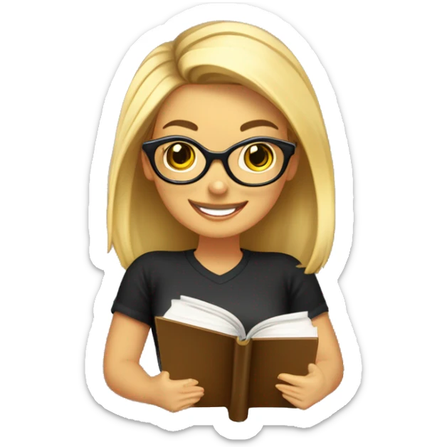 chica profesora joven rubia pelo largo y liso, sonriendo con libros en una mano, con gafas pequeñas color marrón redondas, vestida con camiseta color negro y con pendientes de aros grandes color dorado  sticker