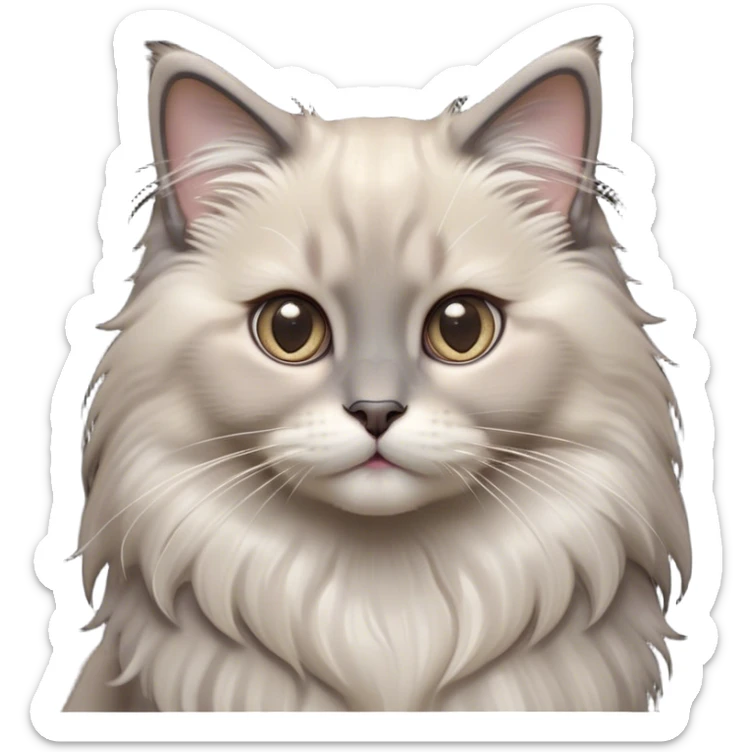 Cinematic Adorable Fluffy Grey Ragdoll Cat Portrait Emoji, Head tilted cutely with big, sparkling eyes, soft grey fur with lighter tones around the face and paws, Simplified yet irresistibly adorable features, highly detailed, glowing with a soft, warm glow, high shine, affectionate and playful, stylized with a touch of whimsy, bright and endearing, soft glowing outline, capturing the essence of a curious and loving kitten, so cute it feels like it could leap out of the screen and snuggle up for a cuddle! sticker