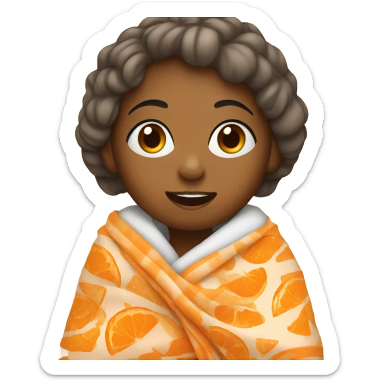 A girl, with black hair and white skin, wrapped with a blanket, eating tangerine sticker