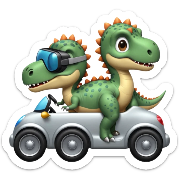 Tres dinosaurios bebés grises cada uno subido en un carro tecnológico blanco con lentes de realidad virtual sticker