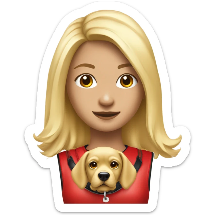 Put a Red leather dog collar and golden tag on a blond white human female with medium length hair and add a red leash connected to the collar. She should also wear a red tank top sticker