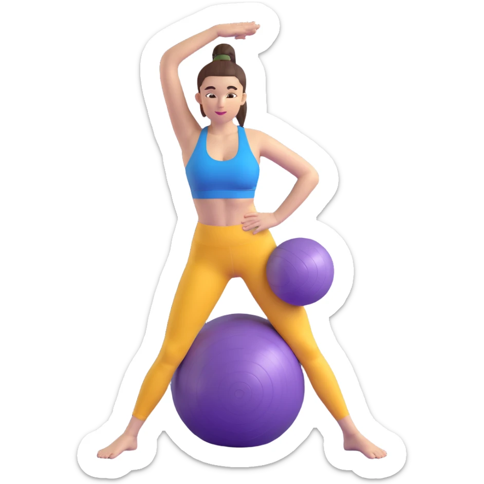 Yellow-skinned girl with high ponytail wearing blue sports bra and navy yoga pants doing yoga with a large exercise ball sticker
