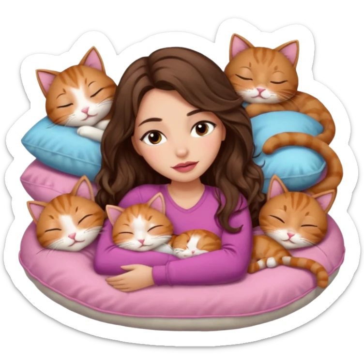 girl with long wavy brown hair, brown eyes, long lashes makeup, sexy pink lips, light to medium complexion, sleeping on a cozy pillow, with 6 cute cats, sleeping sticker