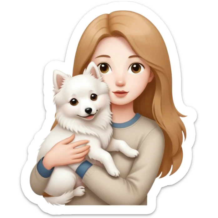 long light brown hair girl with pale skin holding a white Japanese spitz dog in her arms sticker