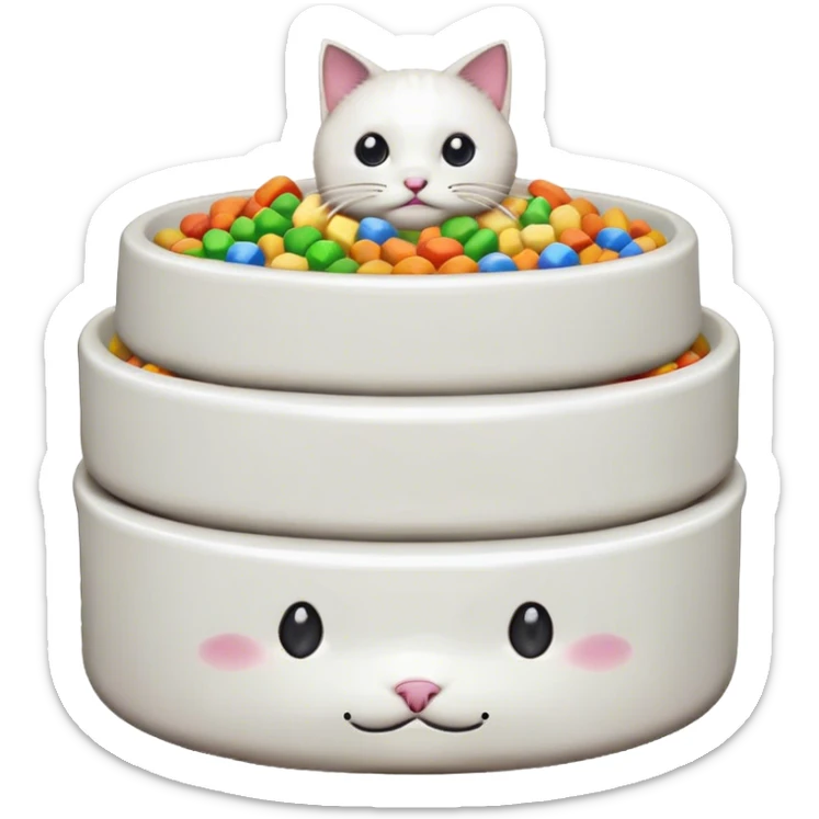 in the style of pixel art, make a cat pet food bowl . In the bowl is white cat food which is piled so high on top of the bowl. There are small pieces of rainbow food in the bowl too. there is only food in the bowl sticker