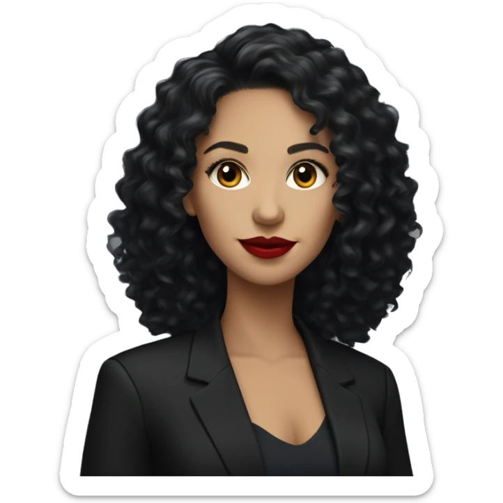 corporate white woman, red lipstick, long black curly hair, black shirt, black blazer  sticker