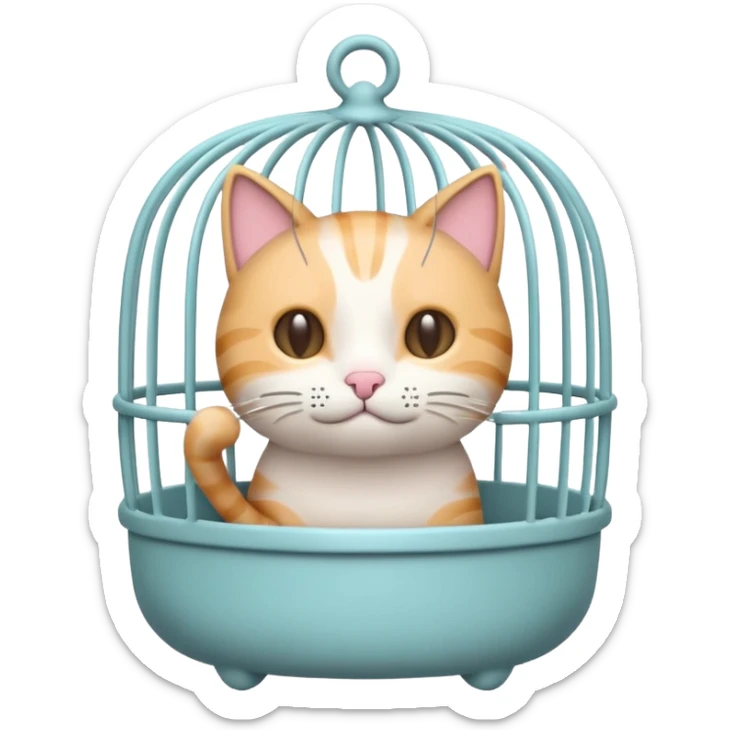 A cute emoji-style cat cage — rounded, cartoon look, clean outline, pastel colors. Vertical metal bars in front, small handle on top, and soft edges. Simple, minimal details, high contrast, with no cat inside sticker