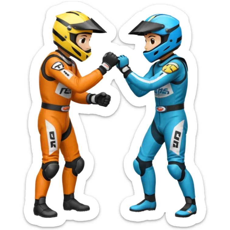 2 dirtbike racers in gear and gloves fist bumping sticker