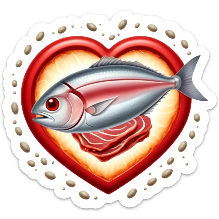Ethereal red meat, liver, and sardines glowing with magical energy surrounding a bright red blood cell. Mystical light connects the foods to the blood cell and flows toward a heart and muscles, showing heme iron's role in creating vitality and energy throughout the body. sticker
