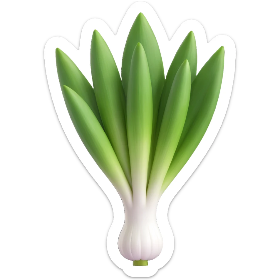 whole leek, white stalk to green leaves, leaves layered and slightly curved, root end with fine roots, crisp and fresh, 3D emoji style, minimal, soft shadows, no anthropomorphic features, transparent background, emoji scale sticker