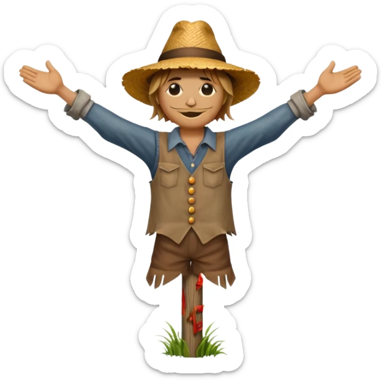 Scarecrow, Straw body, old brown hat, patched shirt, arms stretched on a wooden pole. sticker