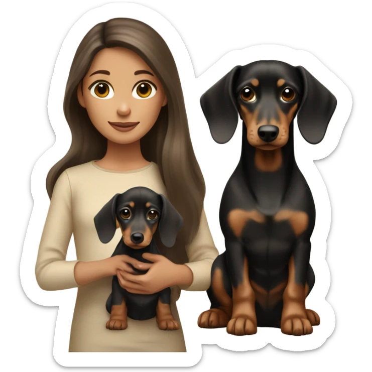 Brunette long hair light tan girl with beige and black dachshund puppy sticker