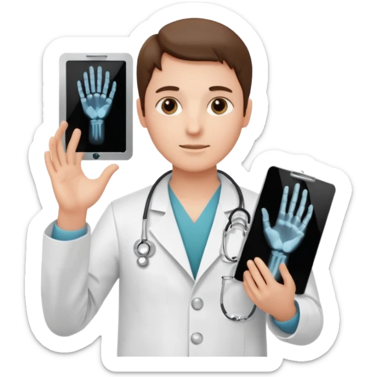 Radiografía de mano sostenida por un médico con bata  piel planta sticker