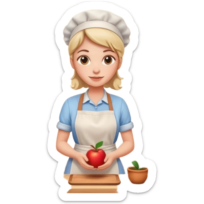 cartoon Apple iOS emoji style woman, pastel colors, Chilean wooden kitchen background, clay pots, warm light, detailed and clean vector art sticker
