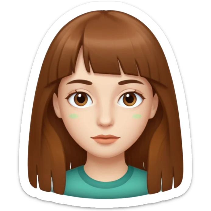 Tenho uma franja vegana, sombrancelha fina, um rosto oval e meu cabelo é grande e castanho sticker