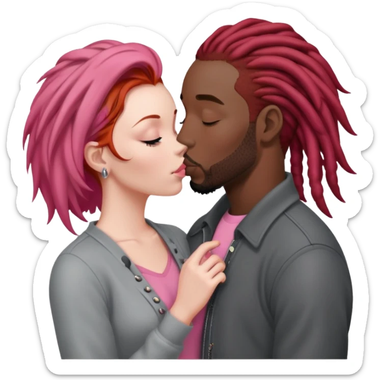 Mulher ruiva, pele branca, roupinha rosa, beijando um homem negro, com dreads nos cabelos e roupa cinza sticker