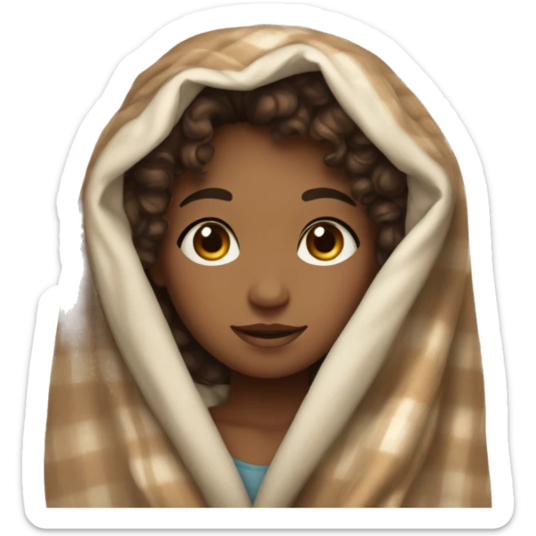 girl with brown curly hair and brown eyes with a blanket draped around her sticker
