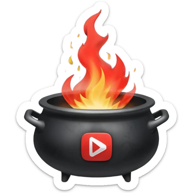 A black cauldron with lot of smoke rising, and the white YouTube play button logo floating above the smoke, red fire on the bottom sticker