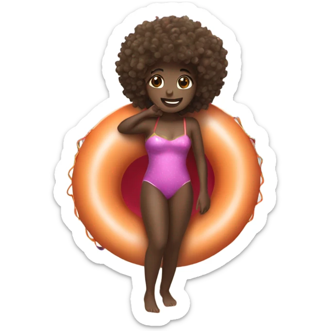 girl with curly hair and dark skin in a swimsuit on an inflatable tube floatie  sticker