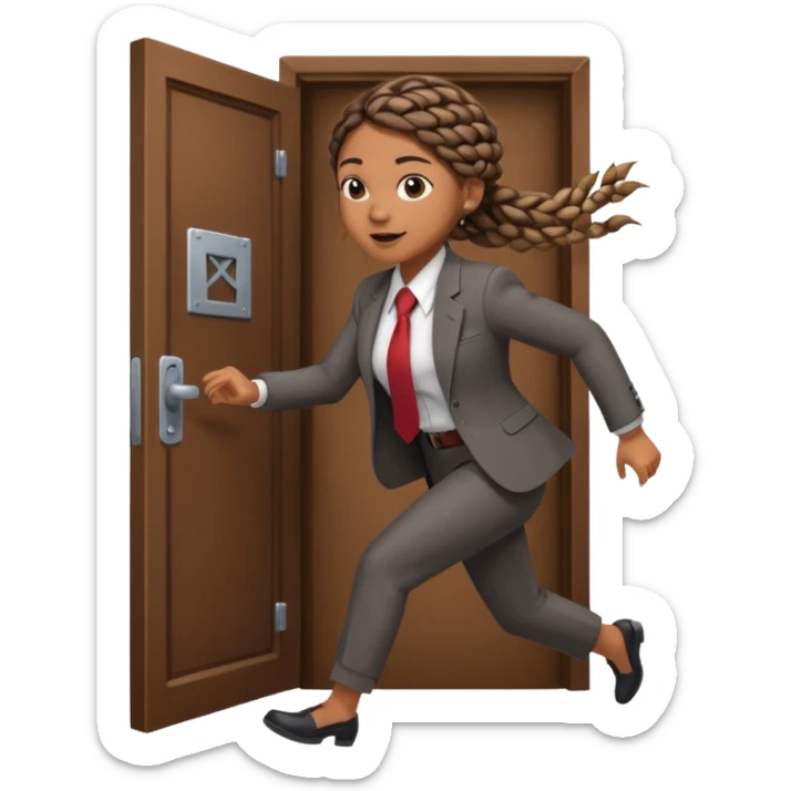 brown skinned female with braids in business attire running out of door sticker