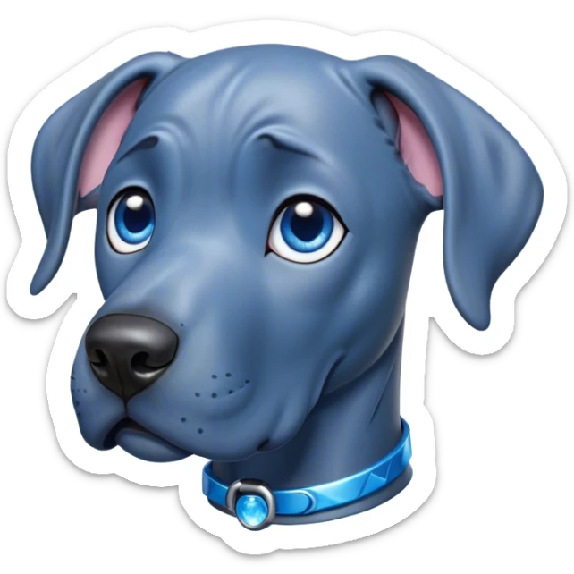 Cinematic Cute Blue Great Dane Portrait Emoji, Head tilted playfully and inquisitively, featuring a glossy blue Fur with a refined sheen, round, sparkling steel-blue eyes filled with curiosity, Simplified yet irresistibly adorable features, highly detailed, glowing with a warm, friendly glow, high shine, affectionate and gentle, stylized with a touch of whimsy, bright and endearing, soft glowing outline, capturing the essence of a mischievous yet loving pup, so playful it feels like it could lumber out of the screen and into your arms! sticker